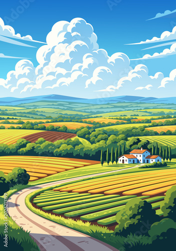 Beautiful Italian Vineyard Landscape Vector Illustration with Rolling Hills and White Buildings under a Cloudy Sky