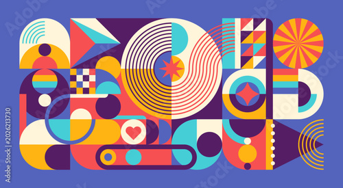 Retro geometric abstract design with colorful shapes, circular elements, and futuristic vintage-inspired patterns.