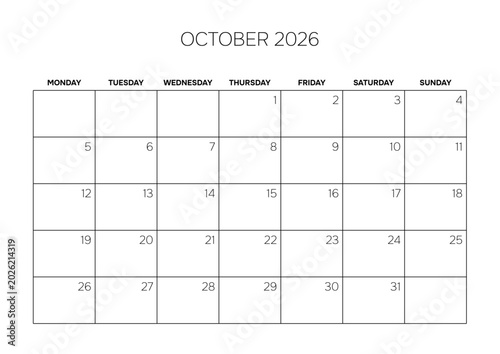 October 2026 Minimalist Wall Calendar Page Corporate Project Management Layout