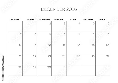 December 2026 Blank Monthly Planner Grid Clean Business Calendar Template