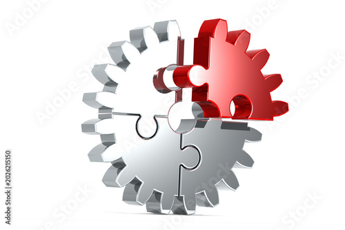Cogwheel jigsaw puzzle with red piece join or separate from the rest. Teamwork concept