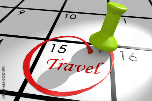 Travel word marked on calendar with push pin