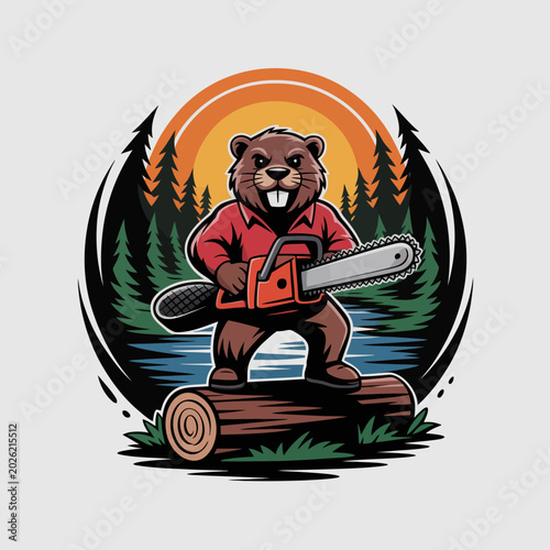 Foto Cartoon beaver holding chainsaw standing.