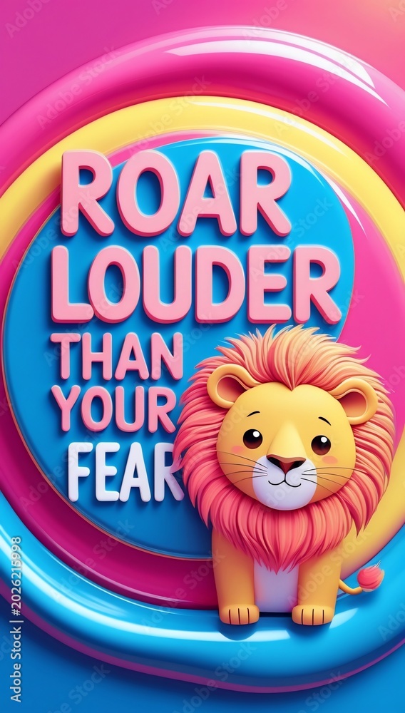 Fototapeta premium Roar Louder Than Your Fear inspirational art with a cute cartoon lion.