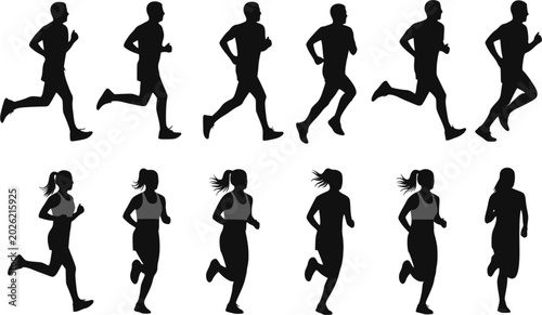 Running men and women, isolated vector silhouettes. Run, side view. Silhouettes of athletic looking male and female runners running. Monochrome vector illustration. Transparent EPS version.