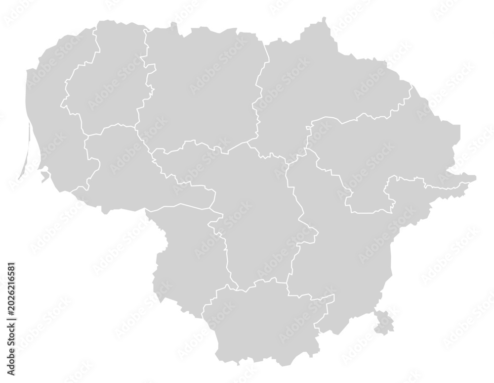 Obraz premium Grey with White Outline Lithuania Map with District Borders Europe Country