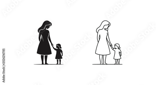 Mother and child silhouette line and solid