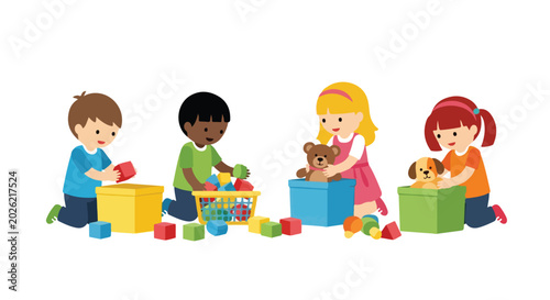 Canvastavla A group of diverse children are tidying up their play area, placing colorful building blocks and soft toys into various storage containers
