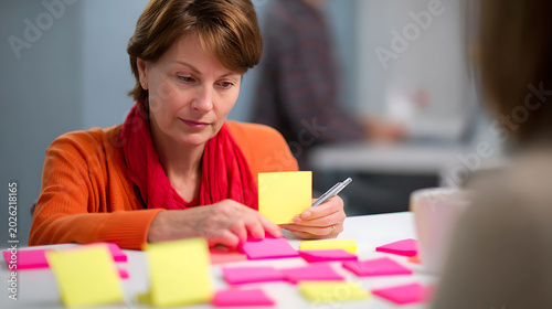 Serious Woman Collaborates on Project, Analyzing Ideas with Colorful Notes, Focusing on Strategy and Problem Solving in a Modern Office