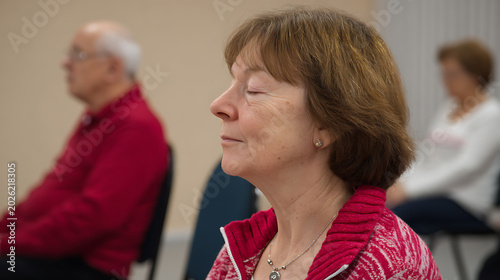 Serene aged woman with closed eyes in a meditative state, find inner peace and relaxation during a calm group session in a bright room