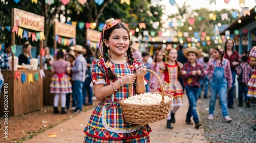 Menina caipira segurando cesta de pipoca em festa junina escolar