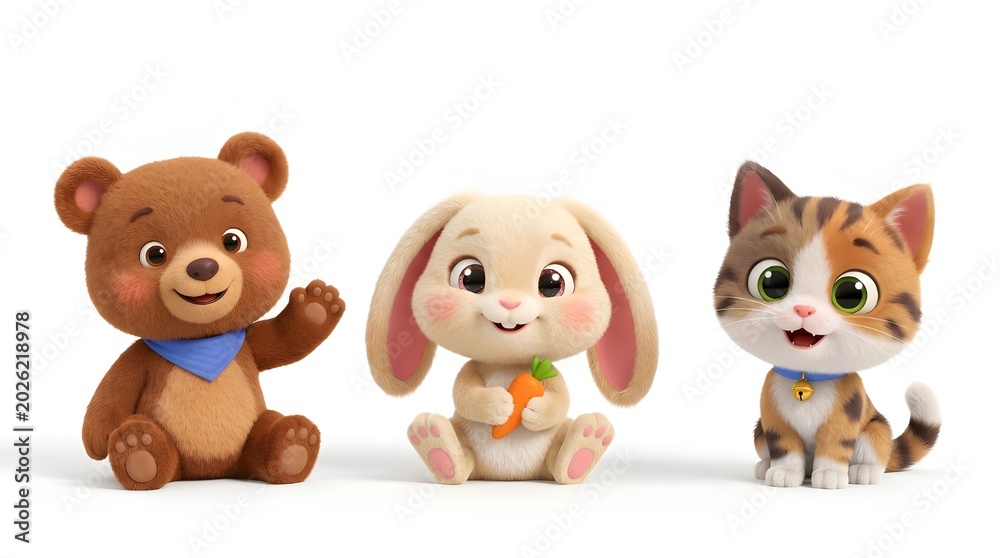 Fototapeta premium A collection of cute 3D cartoon animal characters featuring a brown bear, rabbit and calico cat