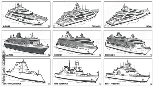 Foto PrintModern Marine Vessel Sketch Icon Set Featuring Luxury Yachts, Passenger Cru
