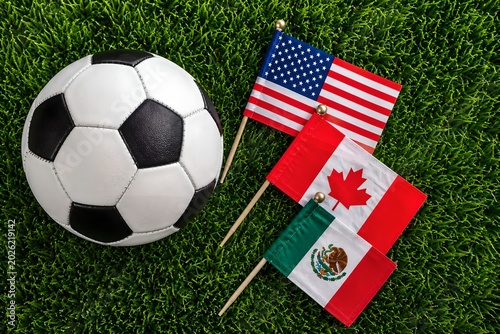 Classic black and white soccer ball resting on green grass beside three small flags representing the North American nations
