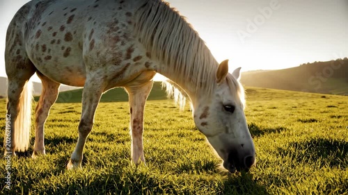 Beautiful white horse with brown spots grazing peacefully in a sunlit green field at sunset, showcasing its natural beauty and serene environment.