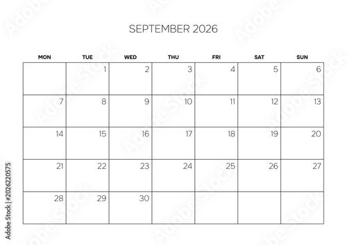 September 2026 Minimalist Monthly Calendar Template Corporate Schedule Grid Layout