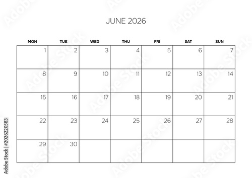 June 2026 Blank Monthly Planner Grid Clean Business Calendar Template