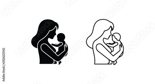 Mother, baby, line art, icons, black, white, minimalist, vector graphics, parenting, childcare