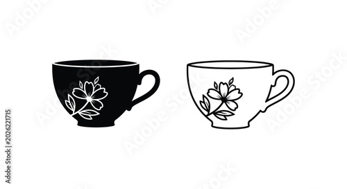 Tea Cup, Floral Design, Black and White Vector Icons, Coffee Mug