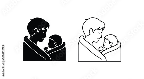 Vector baby carrier icons, parents holding infants, black and white outline illustrations, parenting symbols, babywearing graphics