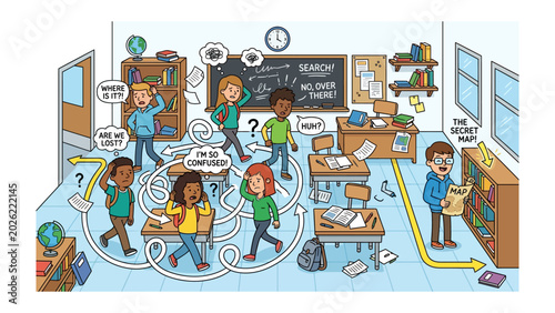 Foto Classroom Confusion: A chaotic classroom scene depicts diverse students grappling with confusion and seeking answers, surrounded by scattered papers, perplexing thought bubbles, and a mysterious map