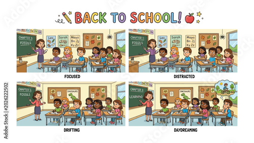 Photos Back to School Focus and Distraction Comparison: A comparative illustration showcasing four classroom scenarios, highlighting students' attention levels from focused and diligent to distracted