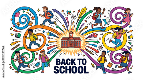 Φωτογραφία Back to School Excitement: A vibrant illustration depicts happy, diverse children running towards a school building, surrounded by colorful swirls and celebratory elements