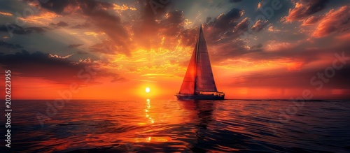 Majestic Sunset Over Calm Waters with Sailboat Silhouette