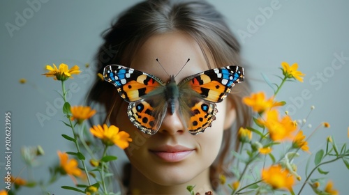Butterfly Woman in a Garden of Yellow Flowers