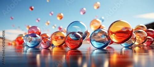 colorful glass balls with reflection on water surface.