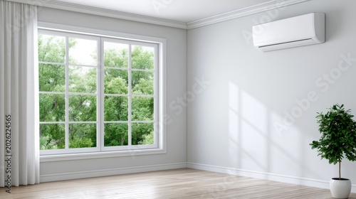 White air conditioner unit mounted on wall above window in bright room with trees outside