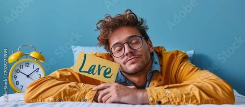 Young Man Relaxing at Home with Yellow Jacket and Clock Background