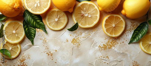 Fresh Lemons and Leaves on a Textured Background