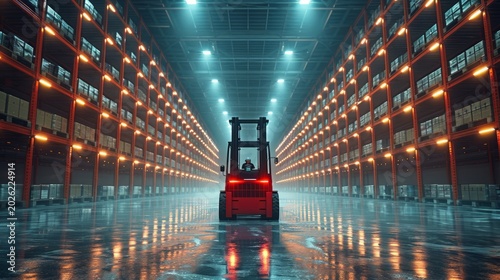 Forklift truck in a large warehouse with shelves full of boxes and goods. Shiny floor with soft lighting. Front view.