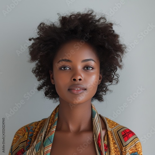 Beautiful woman with natural hair smiling in vibrant attire