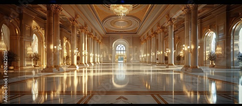 Ornate and grandiose palace hallway with marble floors, golden decorations, and majestic chandeliers
