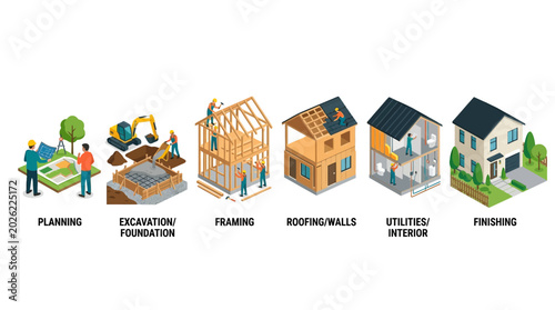Isometric House Construction Process Infographic: Step-by-Step Building Stages from Planning and Foundation to Framing, Utilities, and Final Home Finishing
