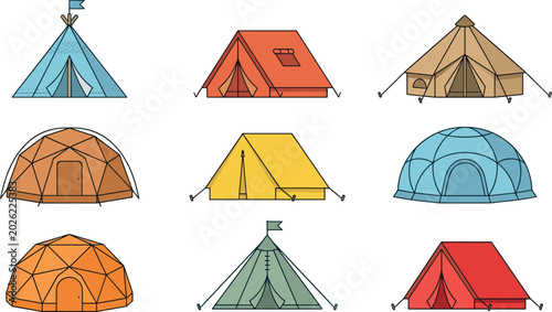 Bild auf Leinwand Camping Tent Vector Icon Collection Featuring Colorful Teepee, Dome, Bell, and R
