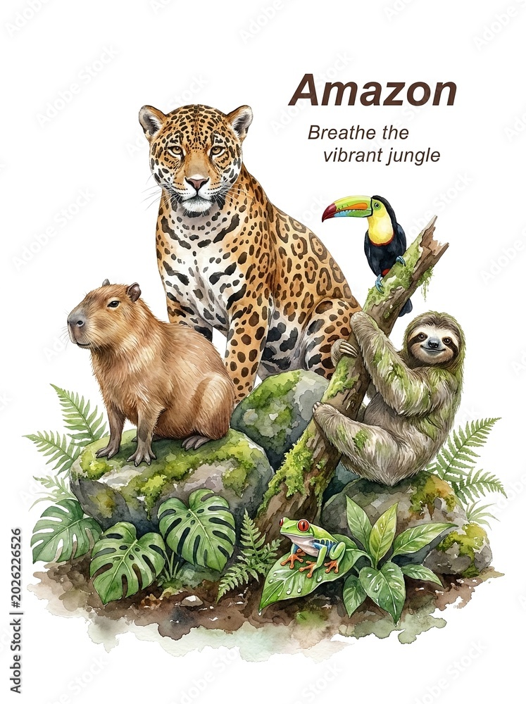 Naklejka premium Tropical Amazon rainforest animals watercolor illustration featuring a jaguar, capybara, sloth, toucan, and red-eyed tree frog among jungle foliage.