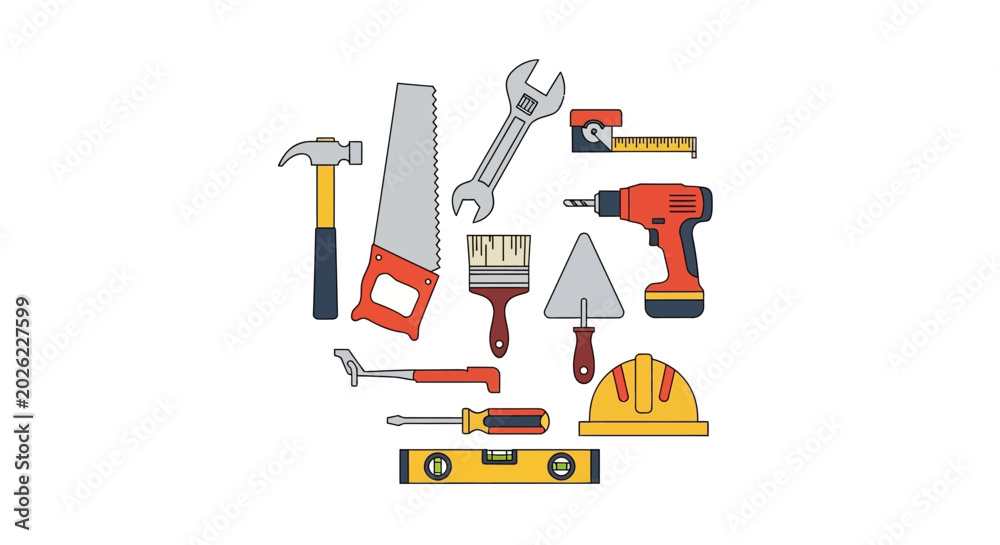 Naklejka premium Set of Construction and Home Improvement Hand Tools Flat Illustration - DIY, Carpentry, and Renovation Equipment Collection