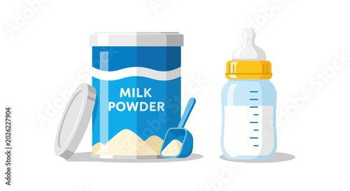 Bild auf Leinwand Baby Milk Powder Container and Feeding Bottle with Milk, White Background