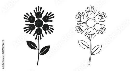 Flower made of handprints in two styles