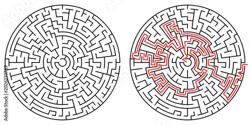 Photos Round Maze Puzzle with Highlighted Solution Path