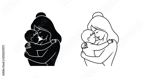 Mother hugging her baby silhouette and outline