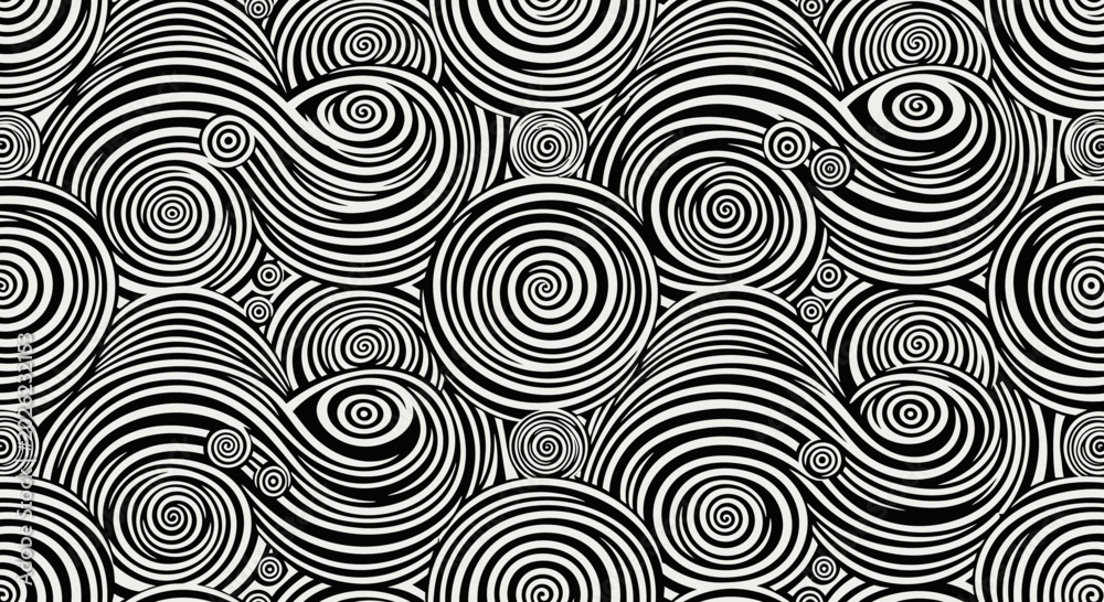 Naklejka premium Abstract Swirls Pattern Black and White Optical Illusion Seamless Background