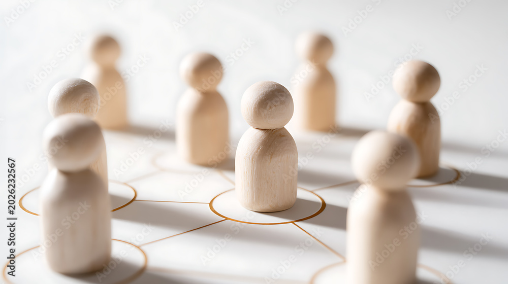 Obraz premium Wooden figures connected by lines and circles on a white background, symbolizing social networking, business team, and community connections