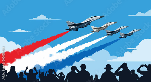 Tableau sur toile Air Force Jets Fly Over Crowd, Emitting Red, White, Blue Smoke