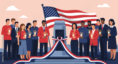 Canvas Print Diverse People Holding Candles at Memorial Monument with US Flag