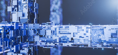 Abstract space background. Spaceship. Industrial background. Complex technical. Blocks, lines, infographics. Video game-themed template. Futuristic design. Technological background. 3D render.