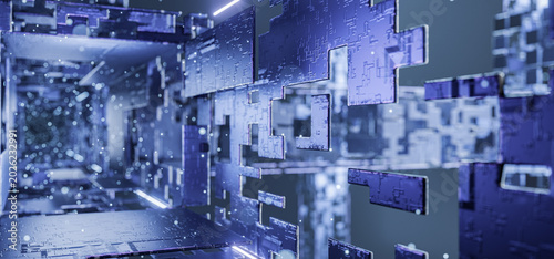 Technological background. Abstract space background. Spaceship. Industrial background. Complex technical. Blocks, lines, infographics. Video game-themed template. Futuristic design. 3D render.